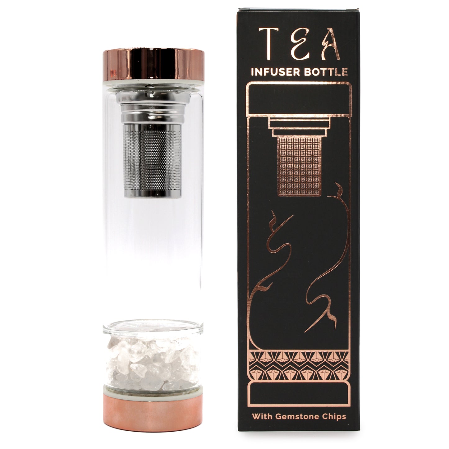 Crystal Glass Tea Infuser Bottle - Rose Gold - Rock Quartz